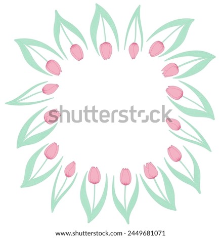 Tulip flowers frame, border. Hand drawn line art illustration. Spring blossoms, pink blooms, decorative florals. Vector design, isolated. Mothers Day, Easter, seasonal, botanical drawing
