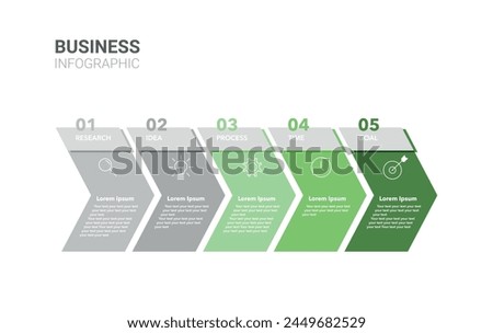 Business Infographic template. Design with numbers 5 options or steps. 5 Steps Modern Timeline diagram with progress arrows, presentation vector infographic. Grey and green