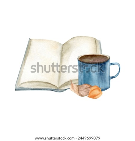 Opened book with blue metal cup of coffee and leaves watercolor composition. Hand drawn cozy fall clip art for home, harvest season, thanksgiving greeting card design.