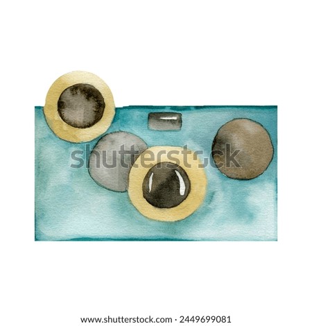 Vintage retro colored camera watercolor illustration. Pale green clip art with photographer ,old fashioned element for summer beach trip, travelling by car design.