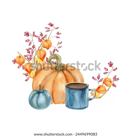 Autumn floral clip art with orange big pumpkin, blue tea cup and dark small pumpkin. Branches, autumn flowers and berries decoration. Cozy warm fall frame.
