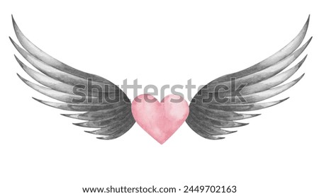 Watercolor illustration. Hand painted pink heart with grey, black spread wings as angel. Cupid, cherub. Love symbol. Wings with feathers. Isolated clip art for weddings. Love card for Valentine's Day