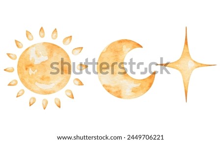 Watercolor set of illustrations. Hand painted sun with beams, moon, four pointed star, crescent in yellow, golden colors. Space, planets, solar system, galaxy. Sky elements. Nature. Isolated clip art