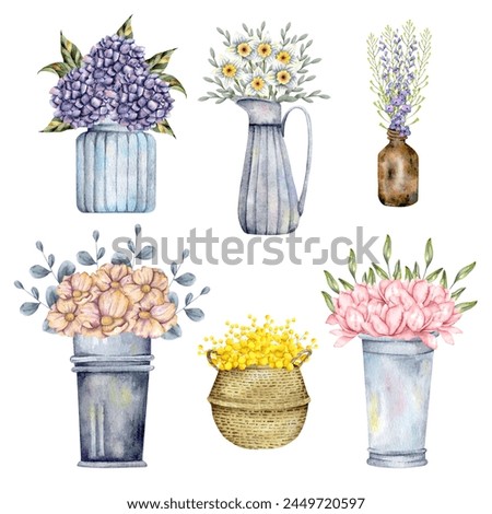 Hand-drawn watercolor illustration with packing, vases for bouquets. Flower shop set for decorating and designing souvenirs, posters, postcards, prints.