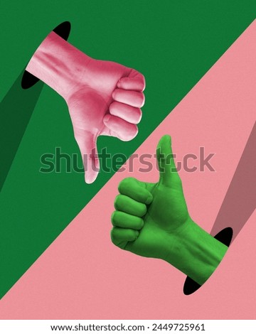 Poster. Contemporary art collage. Two hands with thumb up gesture emerging from holes against green-pink background. Abstract vibrant artwork. Concept of pop art, positive emotions. Minimal art design