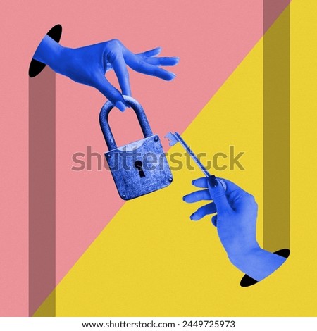 Poster. Contemporary art collage. close-up of two hands in blue filter holding padlock and key against yellow pink background. Abstract vibrant artwork. Concept of pop art, positive emotions.