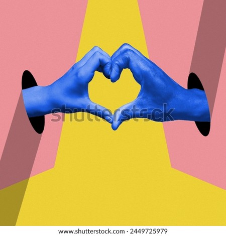 Poster. Contemporary art collage. Two hands, in blue monochrome filter creating heart shape with their fingers. Abstract vibrant artwork. Concept of pop art, positive emotions. Minimal art design.