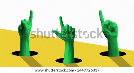 Poster. Contemporary art collage. Green hands pointing up from holes in yellow space against white background. Abstract vibrant artwork. Concept of pop art, positive emotions. Minimal art design.