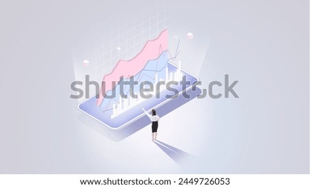 Contemporary art collage. Businesswoman points to graphs, charts analyze information presented on phone against gradient background. Concept of business and virtual reality, technology, finance. Ad