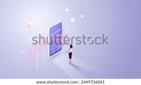 Contemporary art collage. Businesswoman standing in front of phone with charts, data and Internet sign against gradient background. Concept of business and virtual reality, technology, finance. Ad