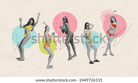 Contemporary art collage. Abstract artwork. Beautiful slender girls in bright swimsuits dance and drink refreshing cocktails. Concept of summertime holidays, inspiration, travel, vacation, relax. Ad