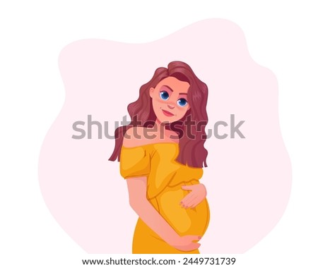 Cute Pregnant Girl Vector Illustration. Beautiful woman hugs her belly. Cartoon maternity concept character design
