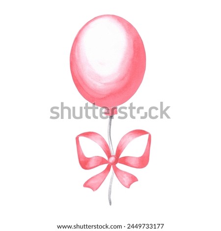 Helium balloon with bow pink. Watercolor hand drawn illustration. Template of festive accessories for birthday and kids party decoration. Isolated clip art for card, invitation, print, scrapbooking.