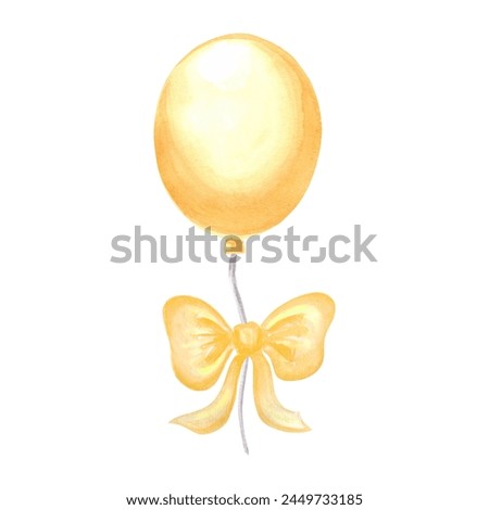 Helium balloon with bow yellow. Watercolor hand drawn illustration. Template of festive accessories for birthday and kids party decoration. Isolated clip art for card, invitation, print, scrapbooking.