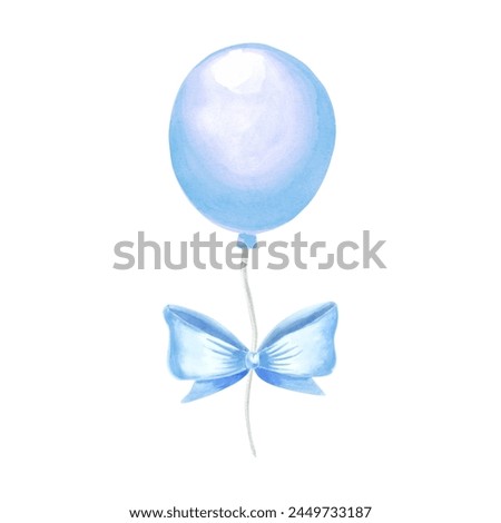 Helium balloon with bow blue. Watercolor hand drawn illustration. Template of festive accessories for birthday and kids party decoration. Isolated clip art for card, invitation, print, scrapbooking.