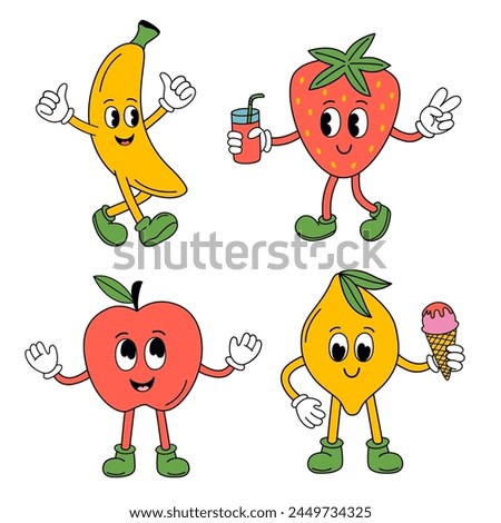 set of isolated funny banana, strawberry, apple, lemon