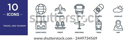 travel and tourism outline icon set includes thin line globe earth, aircraft, bus, coupon, overcast, cargo pants, forest icons for report, presentation, diagram, web design Royalty-Free Stock Photo #2449734569