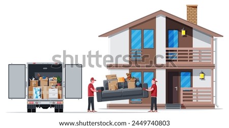 Moving to new house. Family relocated to new home. Male mover, paper cardboard boxes near house, delivery truck. Package for transportation. Household items and electronics. Flat vector illustration