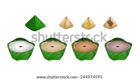Illustration of Assorted Stuffed Dough Pyramid Dessert and Chinese Pudding or Chinese Sweetmeat for Pay Respect to God in Chinese New Year. 
