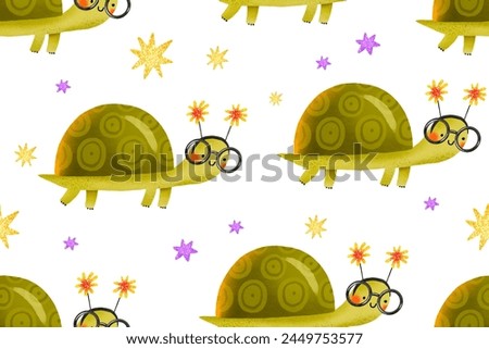 Seamless pattern with a cheerful cartoon turtle at a children's party. Happy birthday. Background. Hand drawn holiday illustration on isolated background
