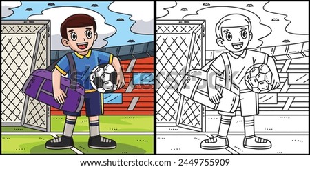 Soccer Boy with Sports Bag Coloring Illustration