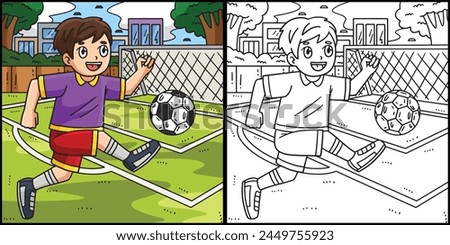 Boy Kicking Soccer Ball Coloring Illustration