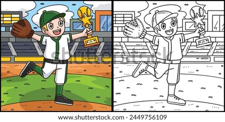 Boy with a Baseball Trophy Coloring Illustration