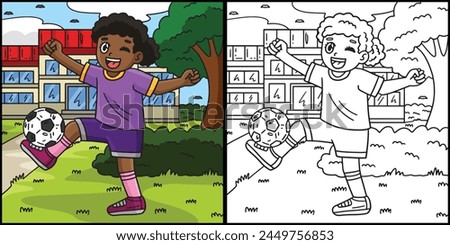 Girl with Soccer Ball Foot Coloring Illustration
