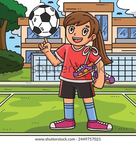 Soccer Girl Carrying Shoes Colored Cartoon 