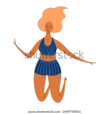Young woman in swimsuit jumping cute cartoon character illustration. Hand drawn flat style design, isolated vector. Summer holidays, vacations, outdoors, beach activity, pool party, seasonal element