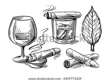 Whiskey or rum glass and smoking cigar sketch. Alcohol drink Royalty-Free Stock Photo #2449774329