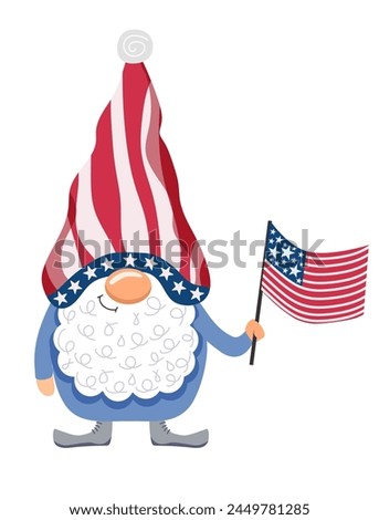 gnome patriot USA. The gnome holds the US flag. Gnomes celebrate the 4th of July. Vector illustration