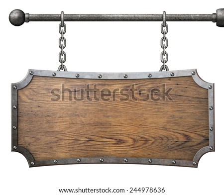 wood sign with metal frame hanging on chain isolated