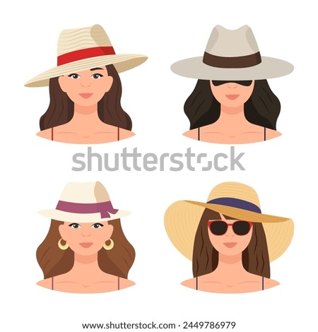 Summer women's hat set. Set of beach women's straw wide-brimmed hats of different colors with ribbons.  Depicting various designs of womens hats. Vector illustration