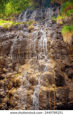 Vertical image of a small waterfall or stream of water over rocks in the jungle in Mixquiahuala de Juarez Mexico
