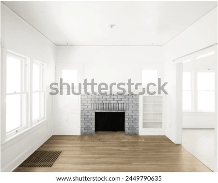 The picture captures a bright, empty room with a prominent gray brick fireplace, showcasing simplicity and potential for personalized decoration.
