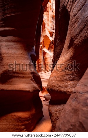Narrow slot canyon in Arizona (USA), a natural wonder and magic place formed by the power of erosion. Red-orange sandstone washed out by water. Colorul shapes illuminated by sun. Tourist attraction. Royalty-Free Stock Photo #2449799087