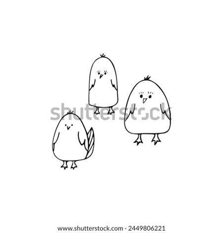 Cute three chickens for easter design. Black line doodle little birds. Hand drawn clip art illustration in doodle style for poster, banner, print, greeting card. Isolated on white background.