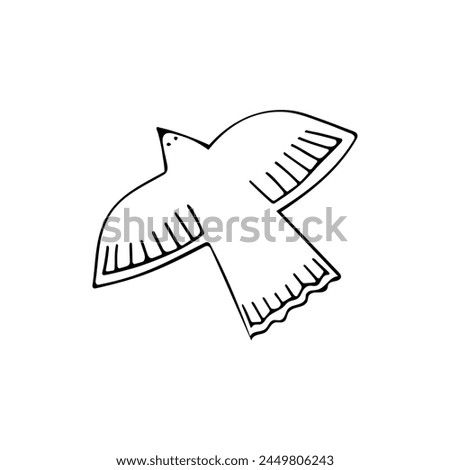 Cute flying bird for spring and summer design. Black line doodle scandi bird. Hand drawn clip art illustration in doodle style for poster, banner, print, greeting card. Isolated on white background.