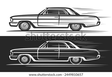 Vector logo for Vintage American Car, horizontal decorative banners with simple contour illustration of monochrome elegant american car in moving, clip art us concept car on black and white background