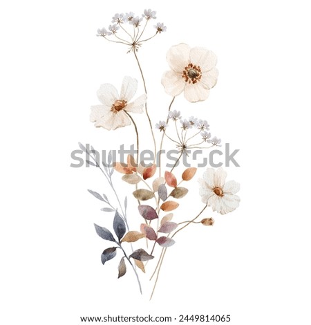 Beautiful floral composition with watercolor hand drawn gentle autumn fall flowers. Stock floral illustration. Nature clip art.