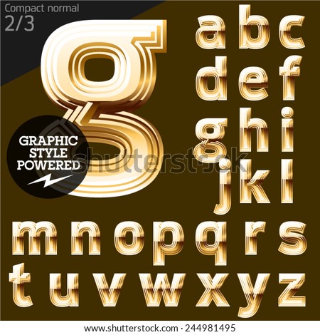 Vector font of beveled golden letters. Compact normal. File contains graphic styles available in Illustrator. Set 3