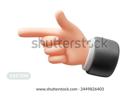 Vector illustration of finger point gesture male hand in sleeve on white color background. 3d style design of man white skin hand point gesture for web, banner, poster, print