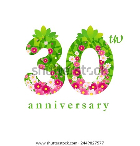 Happy 30th anniversary organic icon. Cute number 30 with clipping mask. Spring sale coupon, up to 30 percent off label concept. Festive decoration. Holiday design. 3 and 0 with sakura flowers. 