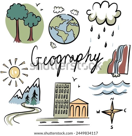 educational geography subject clip art for school, class, lesson, vector illustration poster