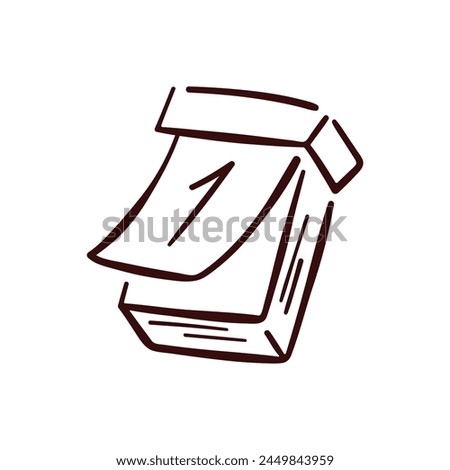 Tear-off paper calendar logo in line art style. Calendar with number one. Vector illustration isolated on a white background.