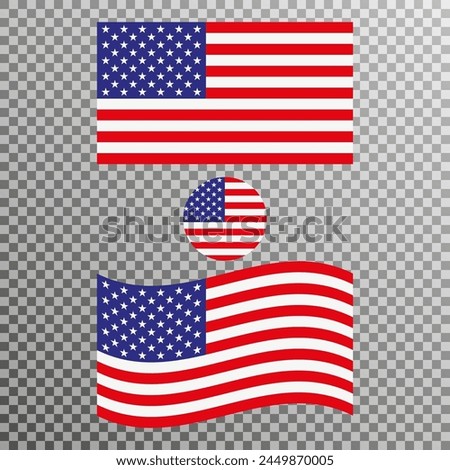 The American flag on a transparent background, with a regular, waving version of the flag and a round icon of the flag.