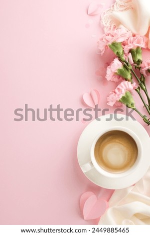 Mother's day coffee break: Top view vertical photo of elegant setting with carnations and coffee on pink background, perfect for custom captions