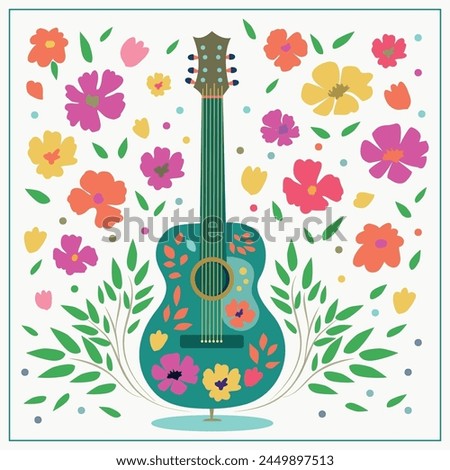 Artistic illustration with a six-string blue guitar on a spring background with leaves and flowers. For music magazines; holiday, feast, festival, celebration banners; country music, rock performance.
