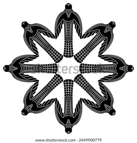 Round star shape mandala with stylized birds. Permian animal style. Ancient Siberian shamanistic totem. Black and white silhouette.